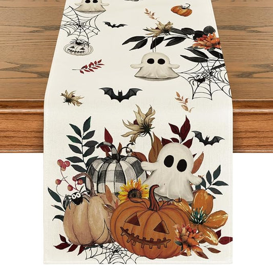 Artoid Mode Pumpkin Ghost Leaves Spider Web 210 GSM Halloween Table Runner, Spooky Kitchen Dining Table Decoration for Home Party Decor 13x90 Inch