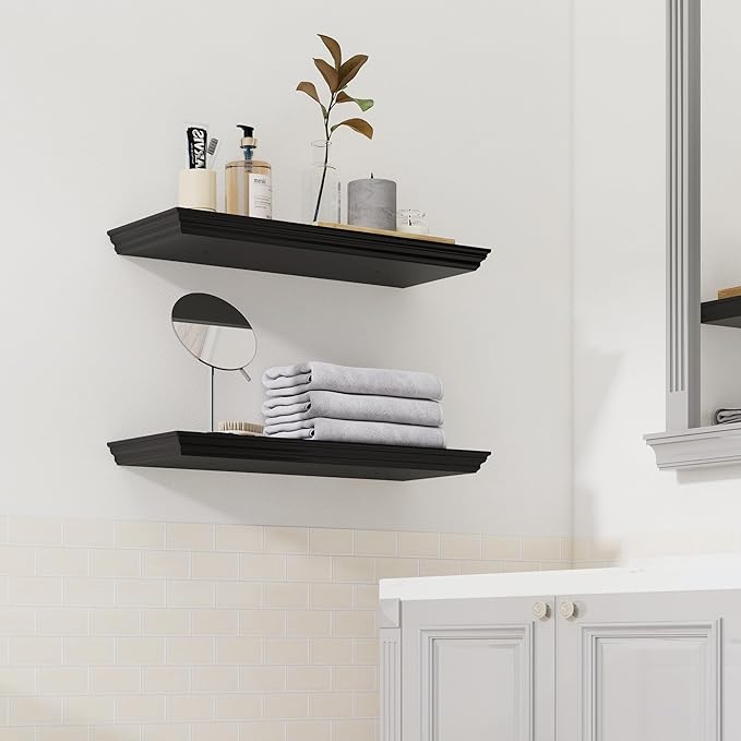 Floating Shelves for Wall, 24 Inch Long Wall Mounted Black Hanging Shelf for Kitchen, Living Room, Office, Bedroom, Bathroom, Retro Vintage Wood Bookshelf for House Decor