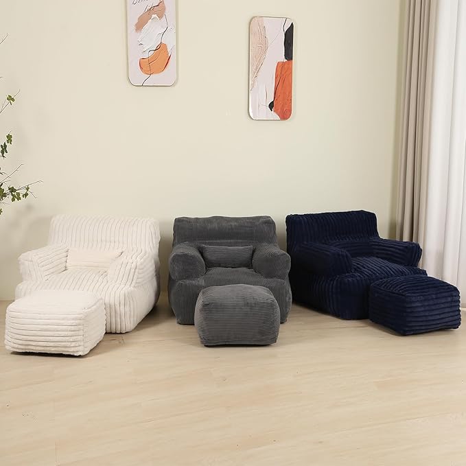 Comfy Gaint Bean Bag Chair with Ottoman, Huge Bean Bag Armchair for Adults and Teens, Dark Grey