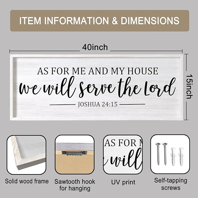 As For Me And My House We Will Serve The Lord Framed Wall Art, 40''×15'' Positive Religious Bible Verse for Christian God Jesus Christ Prayer, Vintage Rustic Long Holy Catholic Scripture Decor