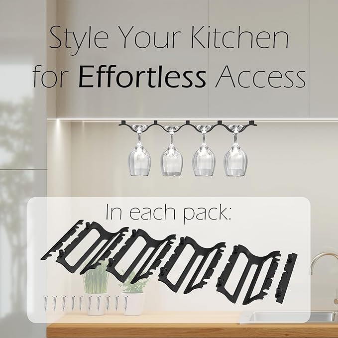 Bariboo Wine Glass Storage Case – Hang 8-12 Glasses on Your 18.7 x 9 x 1.7 In., Dust-Free Wine Glass Holder – Under-Shelf & Under-Cabinet Wine Glass Holder Rack with Assembly Manual & Video