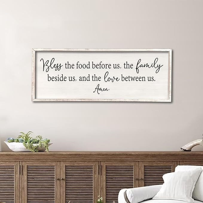 Bless the Food Before Us Sign Wall Decor 40"X15" Large Farmhouse Dining Room Wall Decor Framed Wood Rustic Home Wall Art Kitchen Decoration (White)