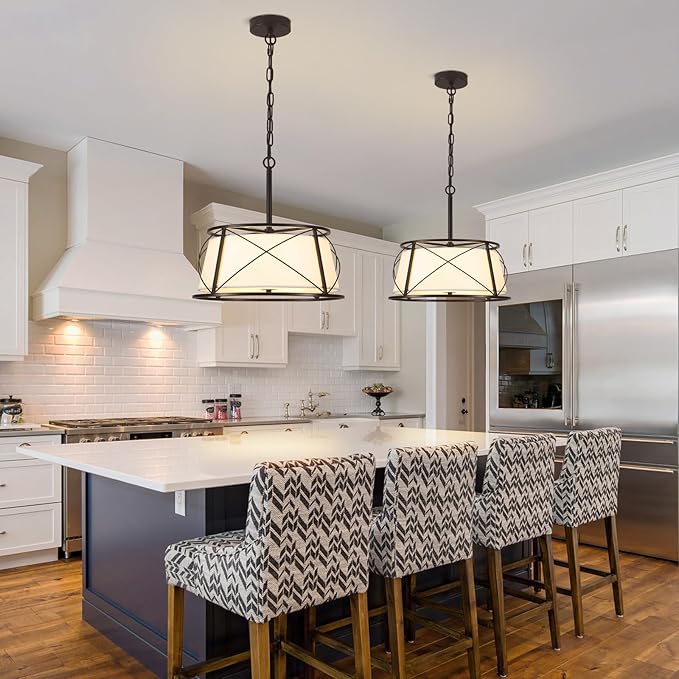 15.7" Black Drum Chandelier,3-Light Modern Farmhouse Chandelier,White Fabric Drum Shade Pendant Light Fixture for Dining Room Kitchen Island Bedroom Entryway