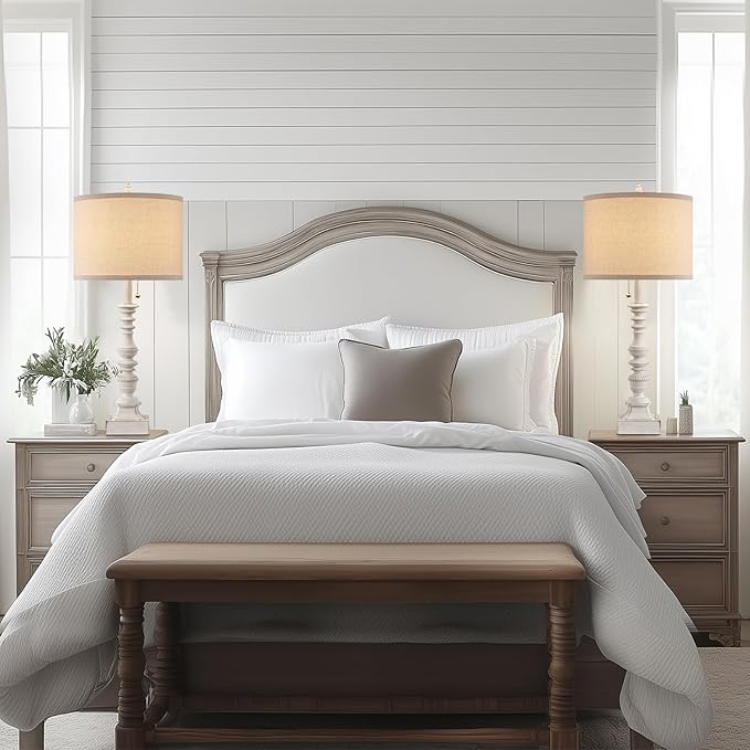 Farmhouse Table Lamps for Bedroom Set of 2, 29.5" Tall Rustic Bedside Lamp with USB Ports and AC Outlet, Vintage Nightstand Table Lamp for Living Room with Linen Drum Shade, White, Pull Chain