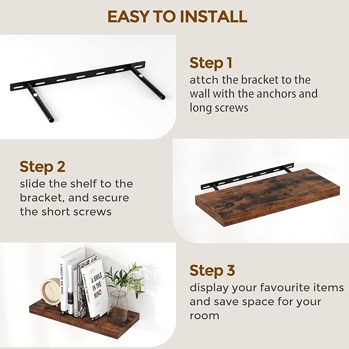 Fun Memories 16 Floating Shelves, 9 Inch Deep Wall Shelf for Bathroom, Rustic 16 x 9 Floating Shelf for Kitchen, Bedroom, Wide Wooden Shelves Wall-Mounted, Rustic Brown Color, Set of 2