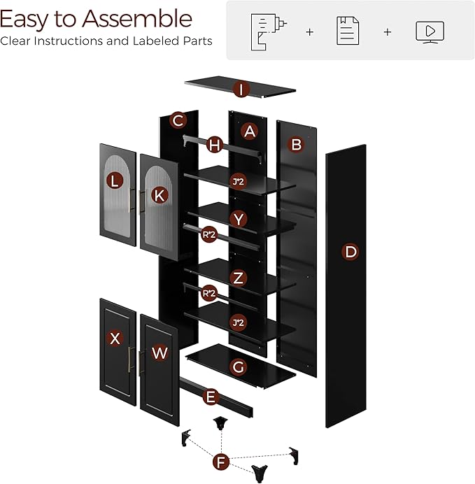 75" Tall Kitchen Pantry Cabinet, Metal Storage Cabinets with Acrylic Doors and Adjustable Shelves, Hutch Cabinet with Storage, Black Microwave Stand Cabinets for Dining Living Room