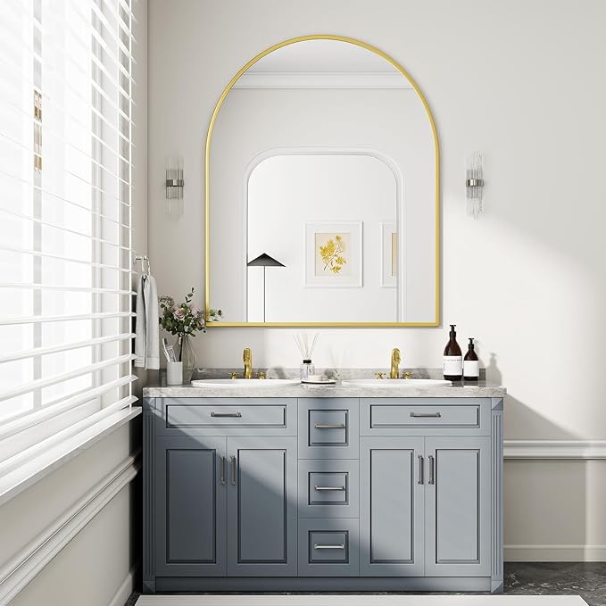 BEAUTYPEAK 36"x48" Arch Bathroom Mirror, Wall Mounted Vanity Metal Frame Mirror for Bedroom, Entryway, Living Room, Gold
