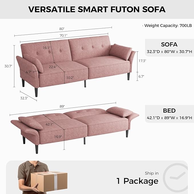 89” Futon Sofa Bed, Velvet Fabric Futon Couch Bed with 2 Square Pillows, Convertible Sleeper Sofa with Adjustable Backrest& Armrests, Modern Loveseat Sleeper for Living Room, Bedroom, Pink
