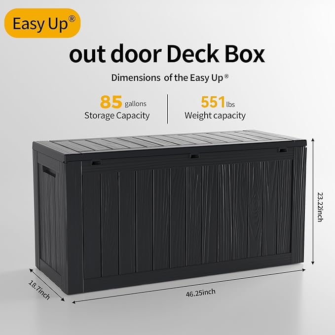 85 Gallon Deck Box Waterproof,Outdoor Storage Box Lockable for Patio Cushions,Garden Tools,Pool Accessories with Hydraulic Rod, UV-Resistant and Durable for Patio,Garden Use