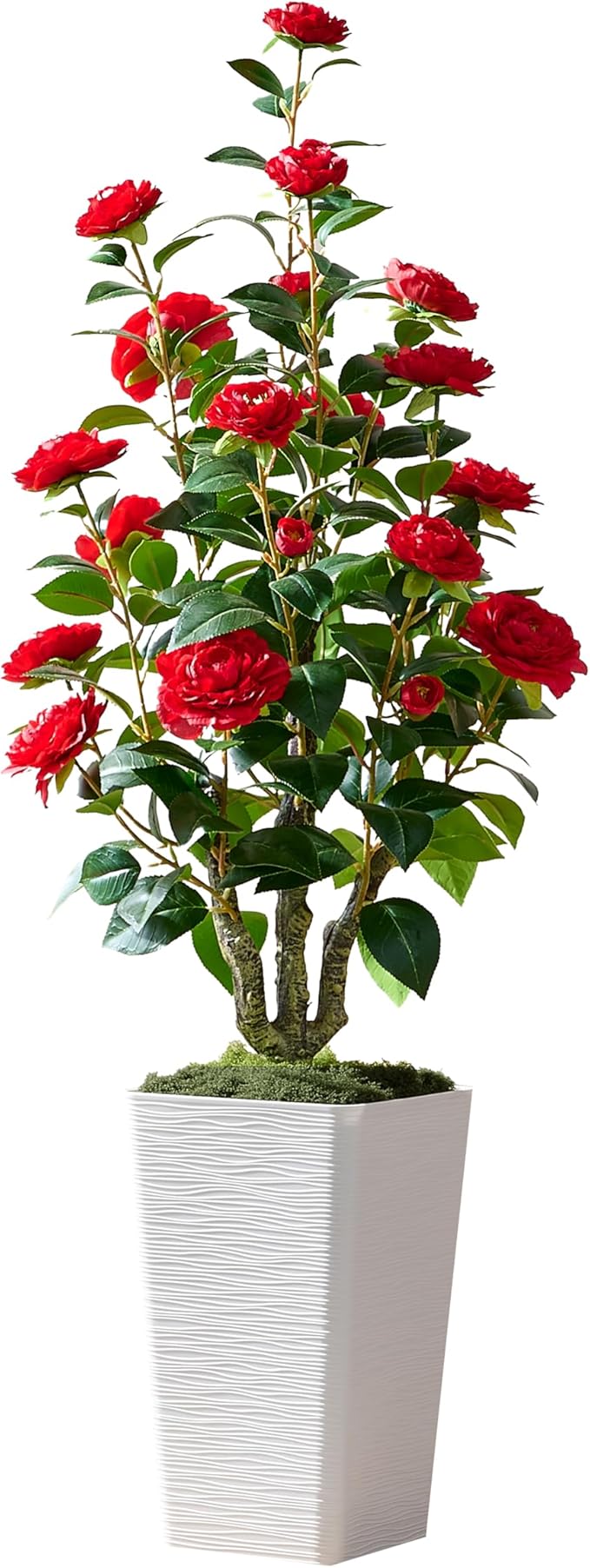 Artificial Camellia Tree 4FT Faux Trees Indoor Fake Floral Plant Blooming Tree with Red Flowers & White Tall Planter, Faux Camellia Plants for Porch Home Room Bedroom Office Front Door Outdoor Decor