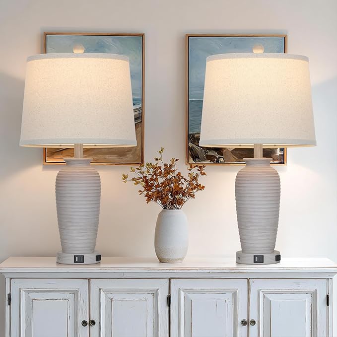 25“ Traditional Table Lamps Set of 2, Bedside Touch Lamp with USB C+A Charging Ports, Rustic Farmhouse Jar Table Lamps for Living Room Bedroom, Side Table Lamp with Beige Fabric Shade, Antique Grey