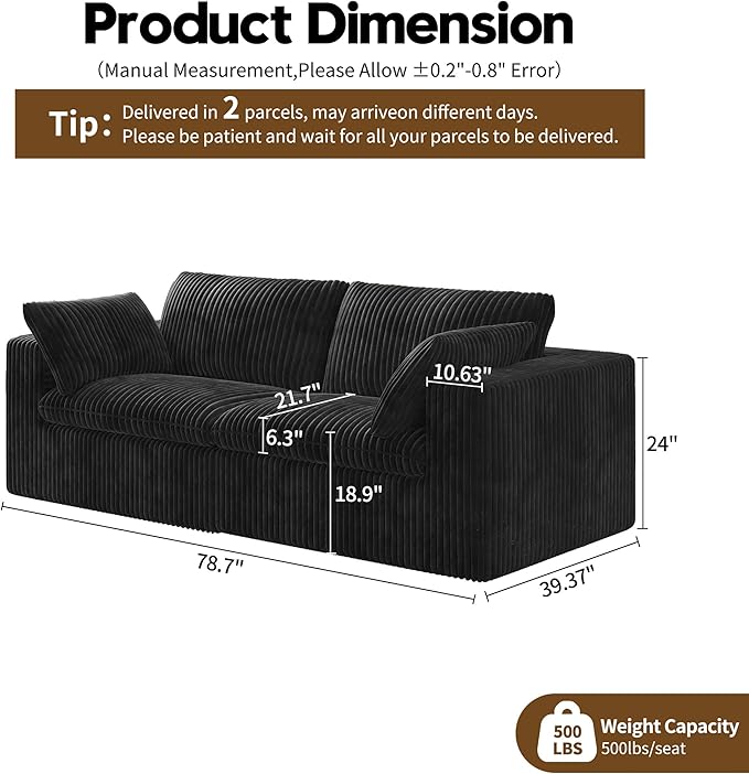 78.74" LoveSeat Cloud Sofa,Modular Sectional Couch,Modern Deep Seat Upholstered Couches with Plush Corduroy Fabric for Living Room Furniture,Bedroom and Apartment,No Assembly Required,Black