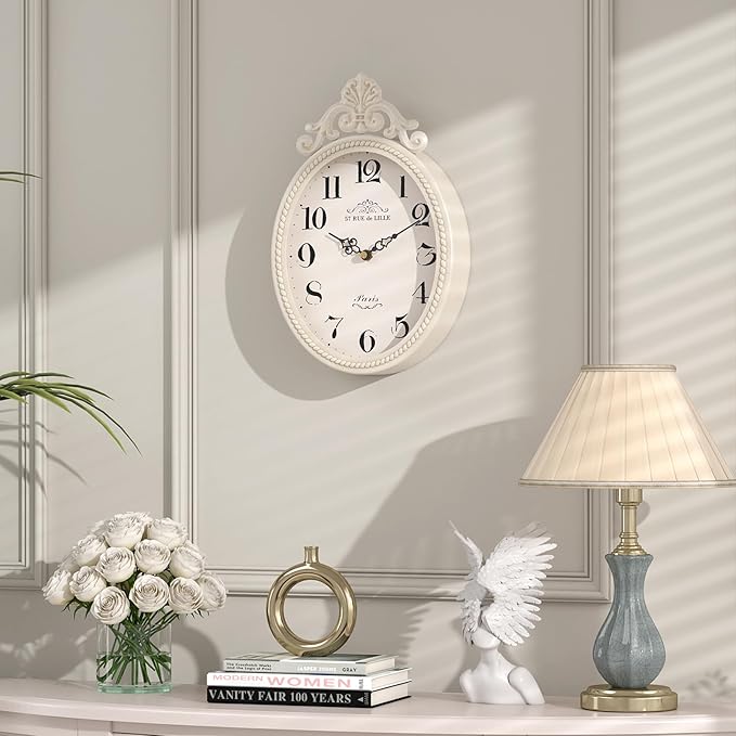 Abdurey Small French Retro Decorative Wall Clock, Ivory White Vintage Oval Style,Silent Battery Operated Boho Decor Wall Clocks for Farmhouse,Kitchen,Bedroom,Bathroom(10.4" H x 6.7" W)
