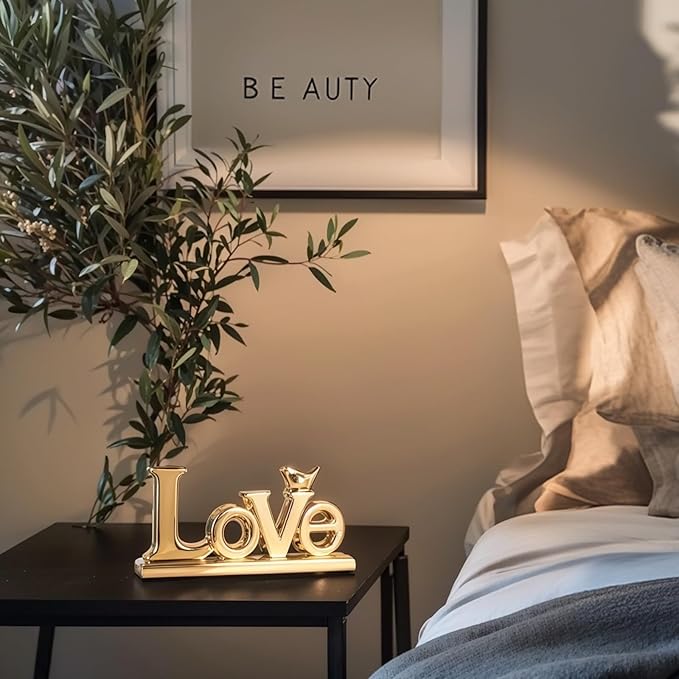 Gold Love Sign Statue - Personalized Home Decor, Bird Sculpture for Living Room, Bedroom, Desktop & Cabinets