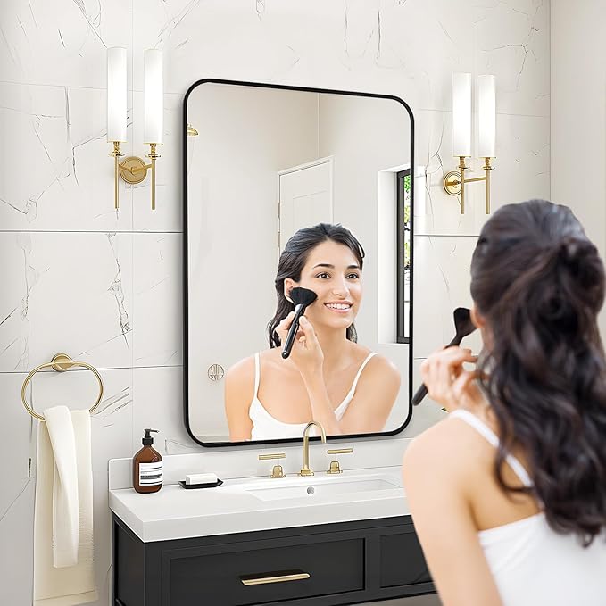 Fabuday Small Black Bathrrom Mirror for Over Sink - 16x24 Framed Rectangle Wall Mirror, Matte Metal Rectangular Vanity Mirrors for Bedroom, Living Room, Entryway, Hallway, Horizontally/Vertically