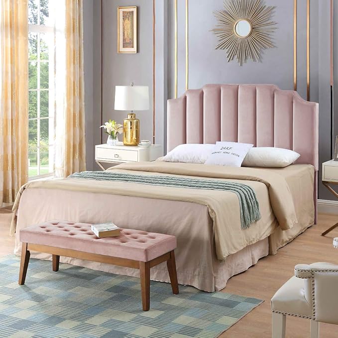 24KF Pink Velvet Tufted Queen Upholstered Headboard, Modern Vertical Channel Design California Queen/Full Headboard with Stepped Silhouette Top Edge, Pink