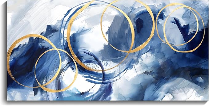 AJAZIKO Blue Abstract Wall Art Modern Art Wall Decor Artwork For Walls Living Room Large Painting Size 20x40 Office Pictures For Wall Navy Gold Contempor Decorations For Bedroom