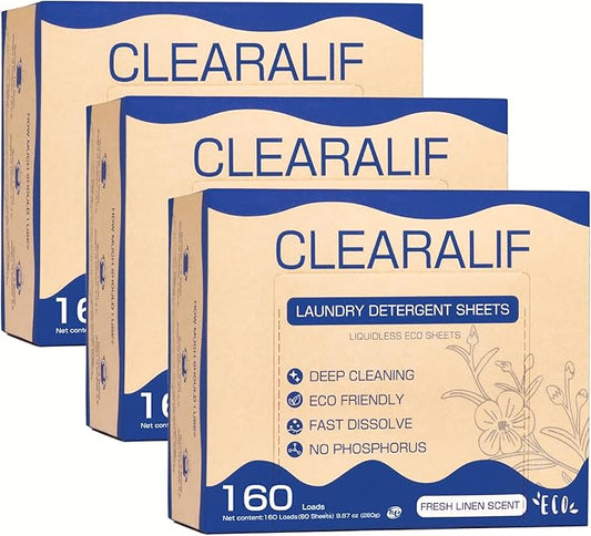 CLEARALIF Laundry Detergent Sheets (480 Loads), Fresh Linen,Great For Travel,Apartments, Dorms,CLEARALIF Laundry Detergent Strips Eco Friendly & Hypoallergenic (Pack of 3)