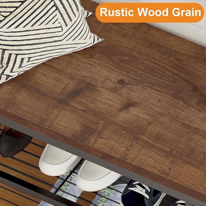 BON AUGURE Hall Tree with Shoe Storage, 5-in-1 Reversible Entryway Bench with Coat Hooks for Hallway, Rustic Wood and Metal Coat Rack with Shelves for Mudroom (Rustic Oak)