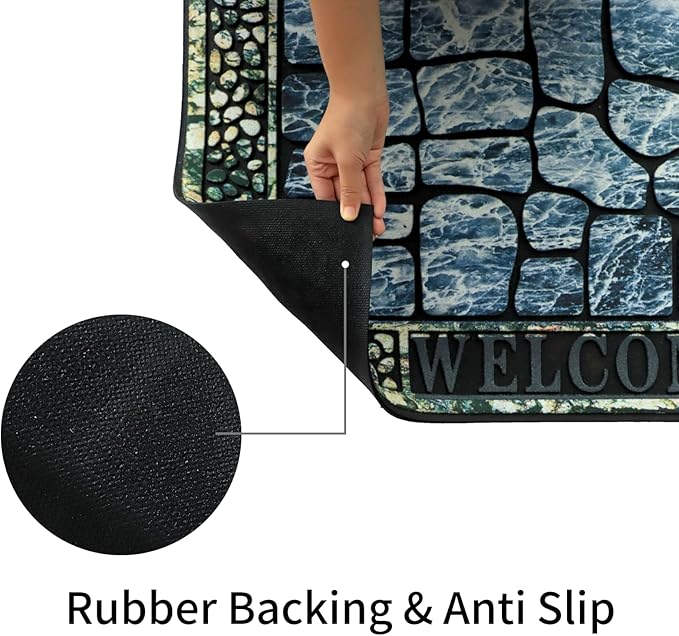 Door Mat Welcome Mat, Heavy Duty Door Mat 17.7 x 29.5 Inch Front Door Mat Rug Doormat for Outdoor Entrance Home Non-Slip Rubber Rug for Front Door, Outside, Entryway, Patio (Blue Welcome)