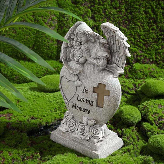 Garden Angel Statue with Cross Solar LED Light, Memorial Gifts for Loved Ones, Cemetery Grave Decorations