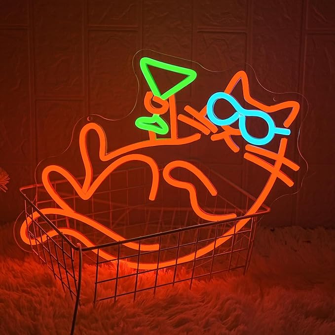 Cat Martini Neon Sign for Wall Decor Bar Neon Light Red Cat with Glasses Drink Beer LED Sign Dimmiable LED Neon Light Sign for Bar Kidsroom Business Bedroom Game Room