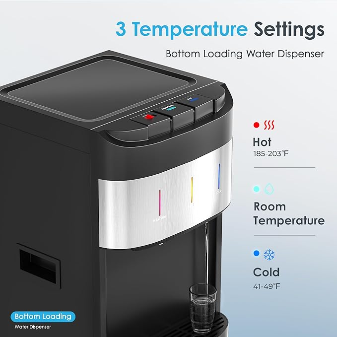 Euhomy Bottom Loading Water Cooler for 5 Gallons, 3 Temperature Settings-Cold/Hot/Warm, Child Safety Lock, Water Dispenser for Apartments, Schools, Companies, Black+Sliver