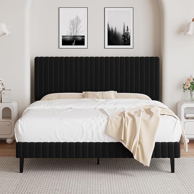 Full Size Bed Frame, Velvet Upholstered Platform Bed with Vertical Channel Tufted Headboard and Footboard, No Box Spring Required, Easy Assembly, Black