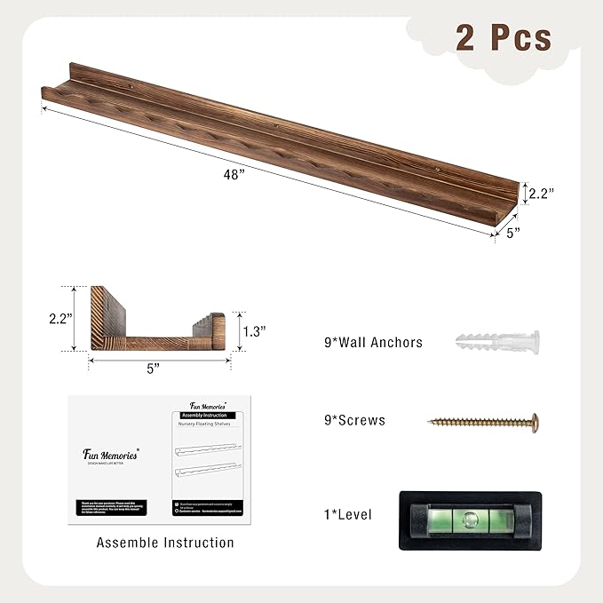 Fun Memories Picture Ledge Shelf for Wall, 48 inch Pine Wood Nursery Book Shelves Set of 2- Wall Book Shelves for Kids Room, Home Decor - Kitchen Spice-Carbonized