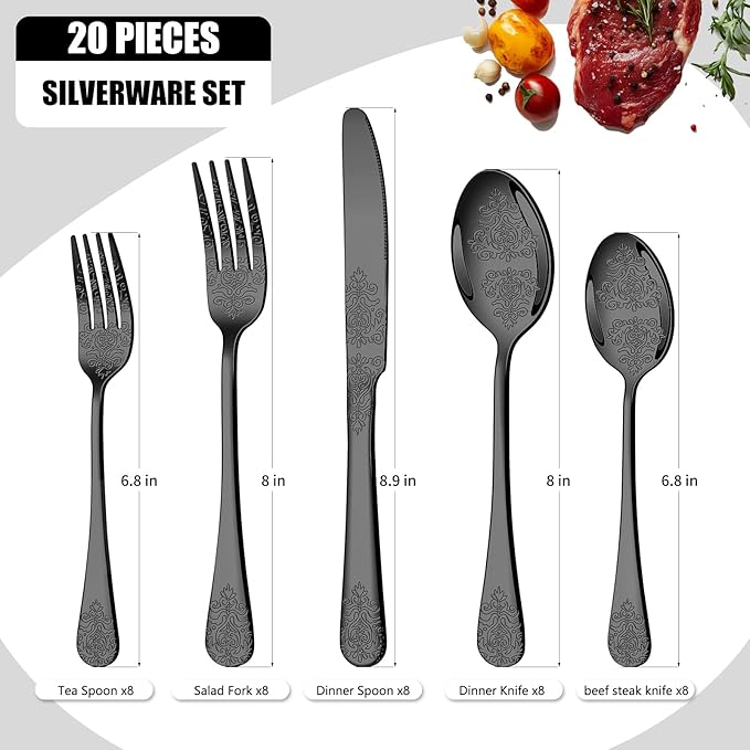 20 Pcs Black Silverware Set for 4 with Classical Flower Embossed Design, Food Grade Stainless Steel Flatware Set, Eating Utensils Sets Include Fork/Knife/Spoon, Cutlery Set, Dishwasher Safe