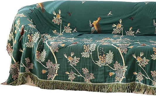Boho Muslin Blanket for Adults 4-Layer Gauze Twin Size Soft Cozy 100% Cotton Summer Cooling Blanket Floral Decor for Sofa Bed Coverlet Both Sides (Tassels Birds and Floral, 80 x 90 in)