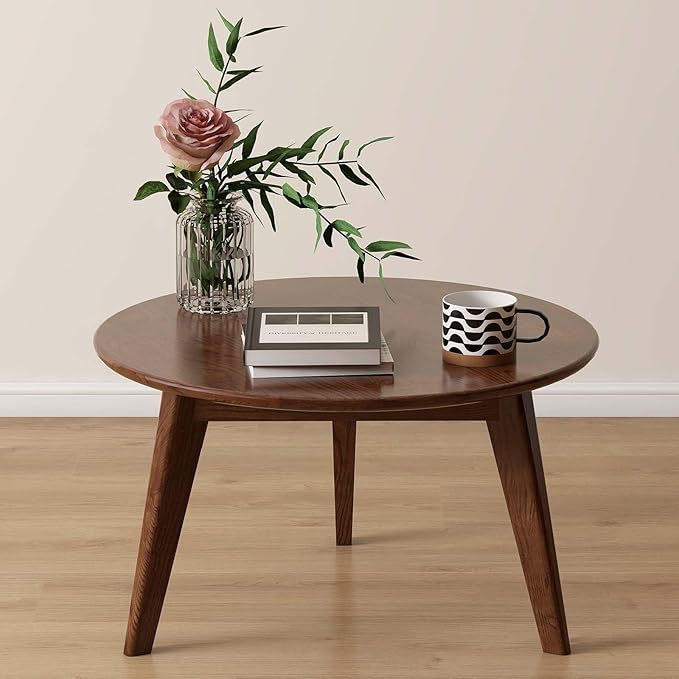 100% Solid Oak Wood Mini Coffee Table, Round Living Room Table Side Table w/Solid Wood Legs, Walnut Mid Century Sturdy Tables for Bedroom Balcony Living Room (23.62" D x 13.78" H)