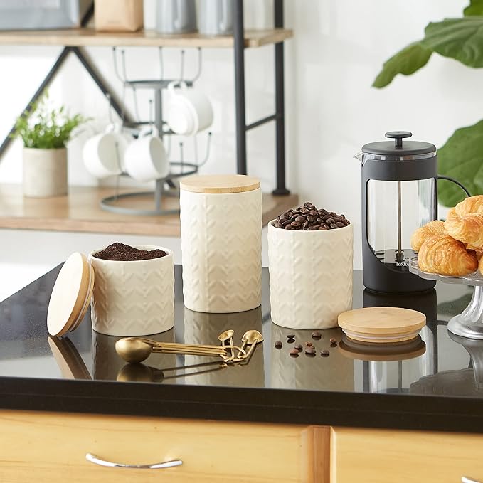 DII Kitchen Accessories Collection, Textured Matte Ceramic Canister Set, Antique White, Vine, 3 Piece