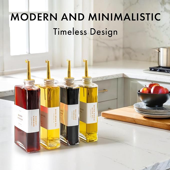 Glass Olive Oil Dispenser Bottle Set [4x12oz]: 36 Premium Gold Labels, Oil Dispenser for kitchen, Vinegar Bottle Set, Glass Dispensers for Soy Sauce, Syrup Bottles | Set of 4