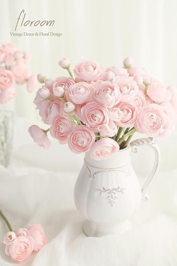 Floroom Ranunculus Artificial Flowers 18 Pcs Blush Faux Silk Mini Ranunculus Bulk Fake Wedding Filler Flowers for DIY Pink Bouquets, Centerpieces, Bridal Shower Decorations & Arrangements