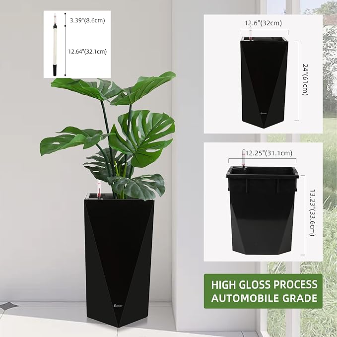 Dexceder 24 Inches Tall Self Watering Planter Diamond High Gloss Indoor Outdoor, Thickened Rhombus Large Floor Standing Flower Plant Pot with Water Level Indicator (Black)