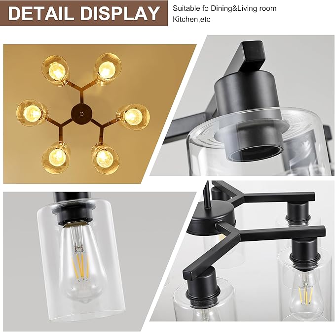 6-Light Modern Farmhouse Black Chandelier, Dining Room Light Fixture Over Table Adjustable Height Hanging Industrial Pendant Lights Kitchen Island, Clear Glass Shade