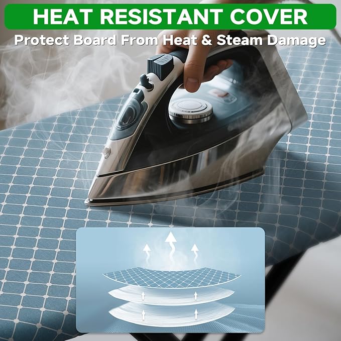 Compact Ironing Board 13 x 43, Iron Board with Heat Resistant Surface, Adjustable Height, Space Saving Table with Hook & Iron Rest for Home & Laundry Room, Diagonal Checkered Blue