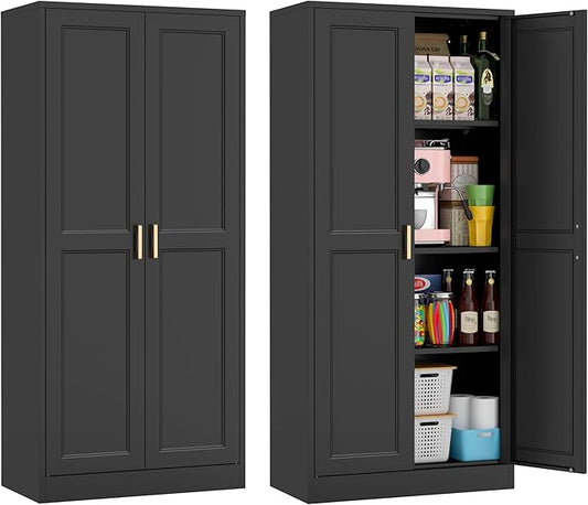 60" Tall Metal Pantry Cabinet, Black Kitchen Pantry Storage Cabinet with Doors and 3 Adjustable Shelves, Cupboard for Kitchen, Dining Room, Living Room, Bathroom