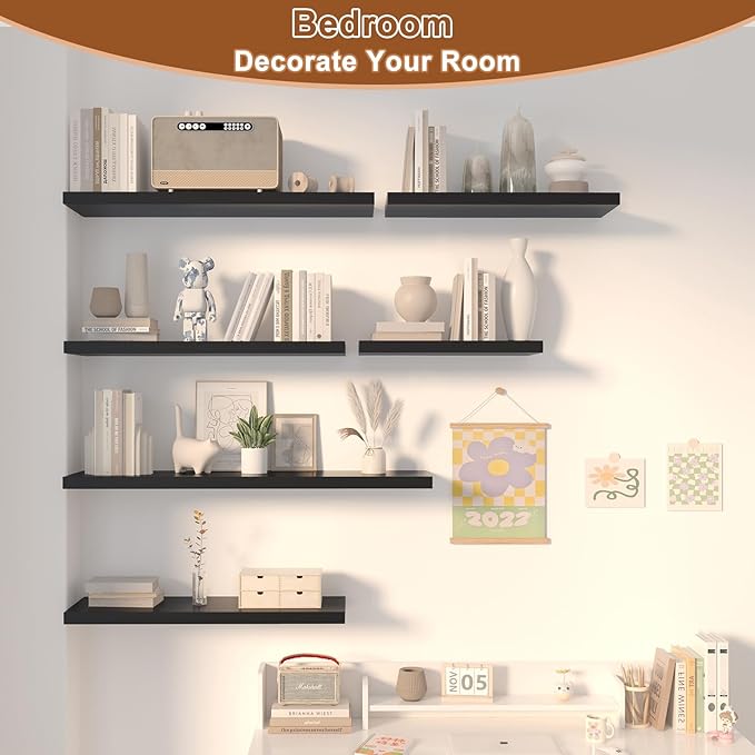 12 Inch Deep Floating Shelves for Wall 2 Pack Floating Shelves Large Storage Space Wall Mount Shelf for Living Room Kitchen Bathroom 30" W x 12" D x 1.2" H Black