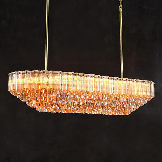 Amber Glass Chandeliers for Dining Room Over Table, 43" Modern Rectangular Dining room Chandelier, Honeycomb Layered Crystal Kitchen Island Long Chandelier Gold Dimmable Ceiling Light for Kitchen