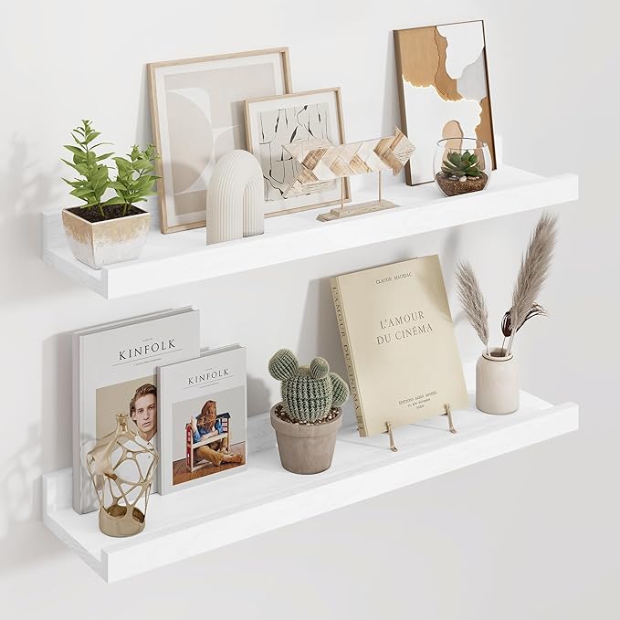 Floating Picture Ledge Shelves 24 Inch Solid Oak Wood Set of 2, Rustic Wall Storage Shelves with Lip, Kids Bookshelf, Photo & Picture Ledge Shelves for Bedroom, Living Room, Kitchen