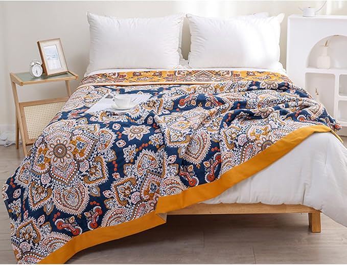 Boho Muslin Blanket for Adults 4-Layer Gauze Twin Size Soft Cozy 100% Cotton Summer Cooling Blanket Bohemian Decor for Sofa Bed Coverlet Both Sides (A Boho Spiral Flower, Twin 60 x 80 in)