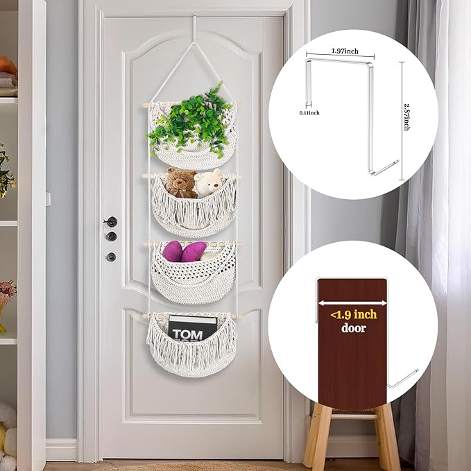 4 Tier Hanging Fruit Basket for Kitchen, 4 Pack Detachable Cotton Crocheted Wall Hanging Baskets Shelf Over Door Organizer for Fruit Veggie Plant, Hanging Storage Basket for Bathroom Bedroom(Beige)