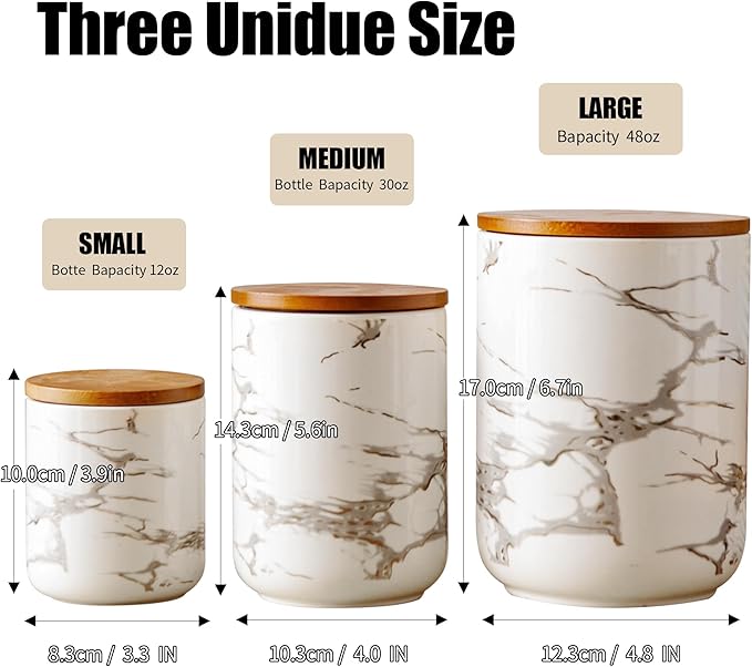 Ceramic Canister Set with Bamboo Airtight Lids, 3-Piece Kitchen Storage Jars (48oz, 30oz, 12oz) – White with Gold Marble Pattern, Glossy Finish, for Coffee, Sugar, Flour & More