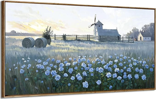 amatop Large Framed Country Landscape Wall Art – Blue Floral Canvas Art Print Vintage Rustic Farmhouse Picture Sunset Nature Artwork Wall Decor for Bedroom Dining Room Office Entryway 48x24 Inch