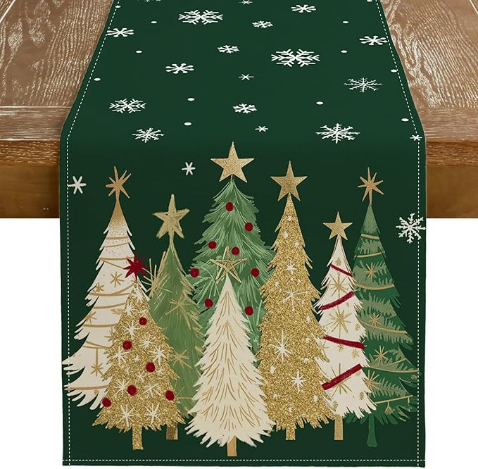 GEEORY Christmas Table Runner 13x60 Inch, Xmas Trees Snowflakes Holiday Decorative Farmhouse Table Decoration for Kitchen Dinning, Indoor Outdoor Dinner Party Decor (Green) GT152-60