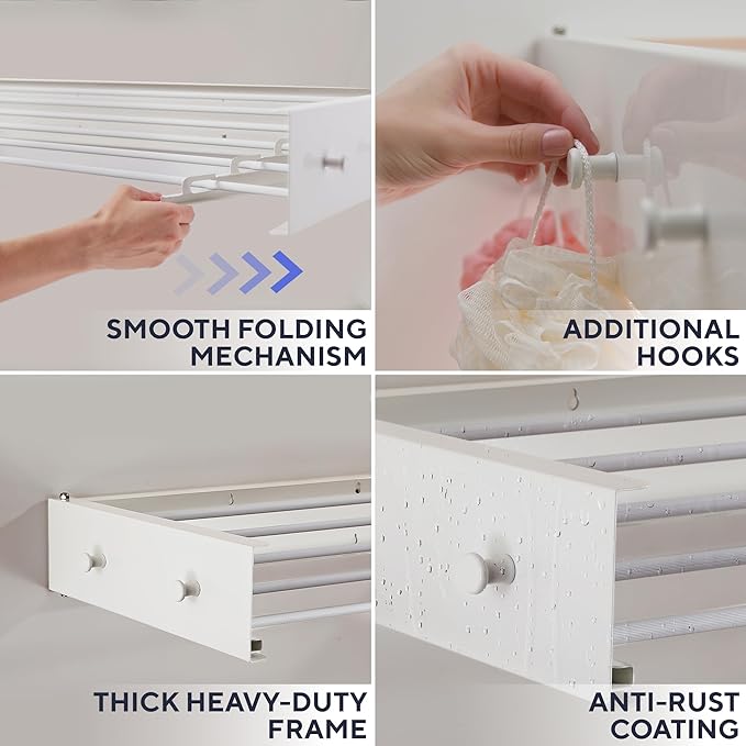 Foldable Wall Mounted Drying Rack 28 inch - Easy to Install Hanging Rack for Laundry Room - Space Saving Design with 55-lb Capacity - Perfect Drying Racks for Clothes Towels & More
