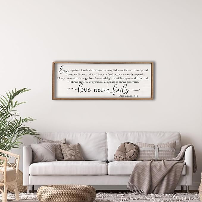 flowtorely Love is Patient, Kind Wall Art Decor 40"X15" Sign 1 Corinthians 13 Bedroom Above Bed Wall Decor Large Bible Verse Quote Scripture Christianity Hanging Sign (Wood)