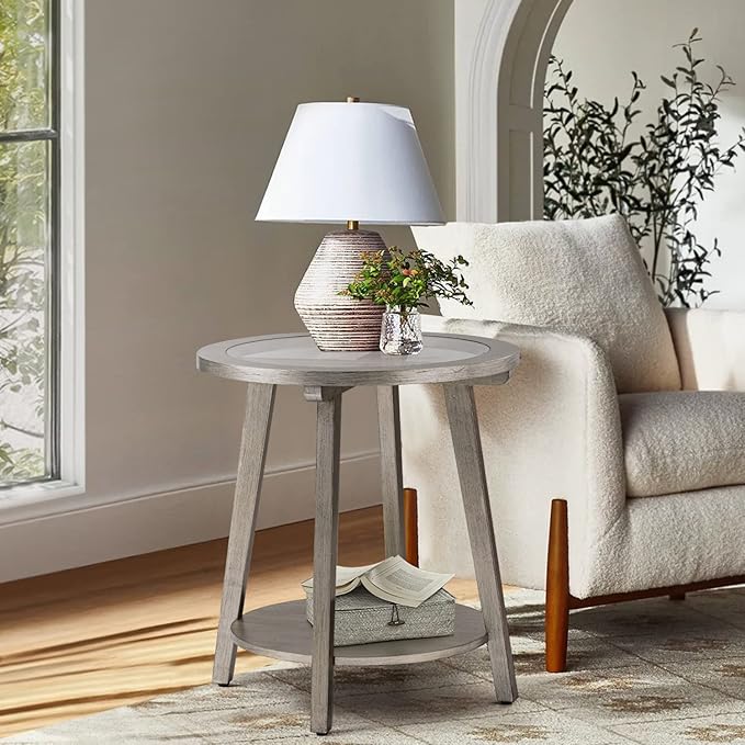COSIEST 2-Tier End Table with Tempered Glass Top, Round MDF Side Table with Storage Shelf, Modern Wood Accent Table for Bedroom Living Room Home Office, Antique Silver